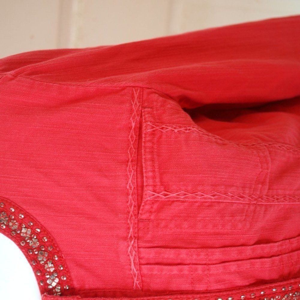 Chicos Red Statement Jacket Topper Size 1 M Open Front Patterned Blazer - Picture 7 of 11